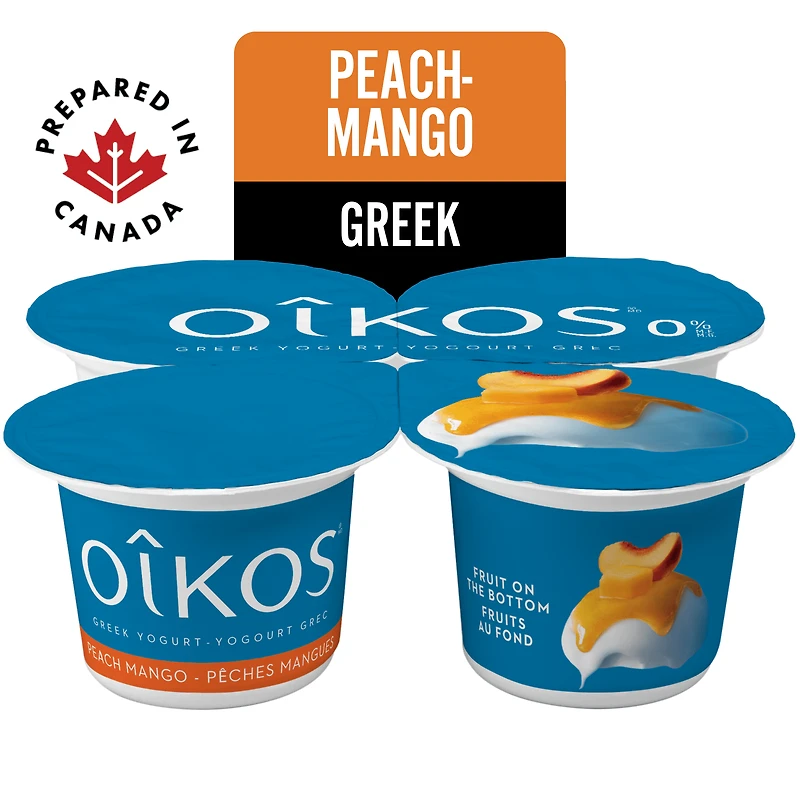 Oikos Greek Yogurt, Peach-Mango, Fruit on the Bottom, 0% M.F., 4 x 100 g
