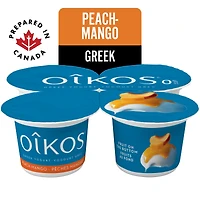 Oikos Greek Yogurt, Peach-Mango, Fruit on the Bottom, 0% M.F., 4 x 100 g