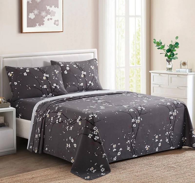Literie toutes saisons en percale de coton à fibres longues, 600 fils au pouce carré, motif floral gris, motif de fleurs de prunier