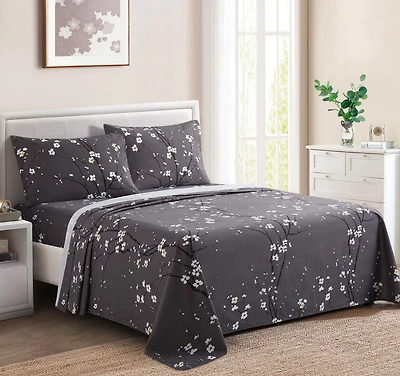Literie toutes saisons en percale de coton à fibres longues, 600 fils au pouce carré, motif floral gris, motif de fleurs de prunier