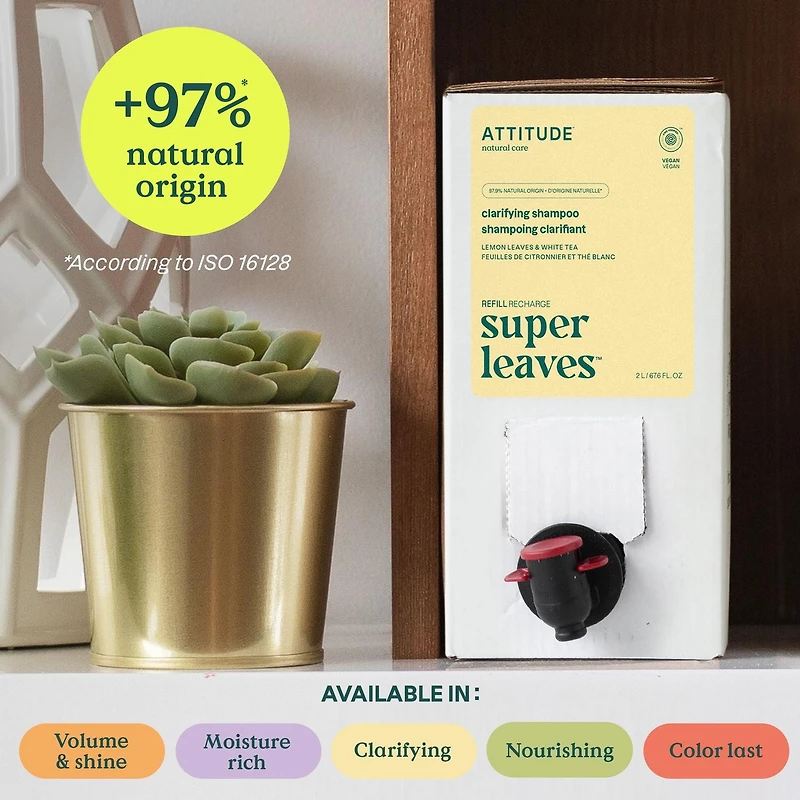 ATTITUDE super leaves Shampoing Clarifiant, Recharge, Feuilles de Citronnier et Thé Blanc, 2L