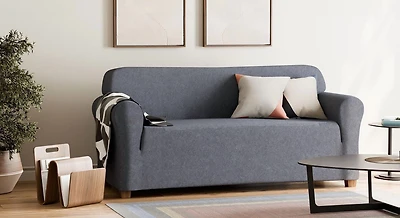 SmartFit Housse de canapé extensible en chenille en tissu recyclé avec tissu performant, housse de meuble 1 pièce, bleu Housse en tissu