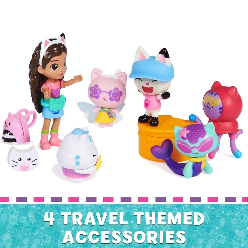 Gabby’s Dollhouse, Travel Themed Figure Set with a Gabby Doll, 5 Cat Toy Figures, Surprise Toys & Dollhouse Accessories, Kids Toys for Girls & Boys 3+