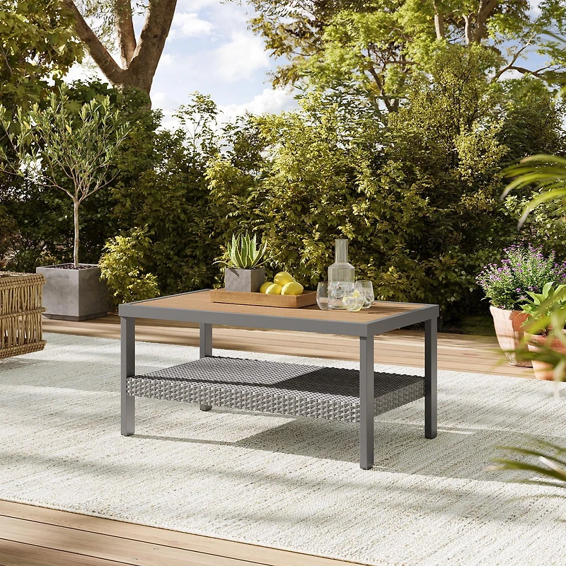 Songmics Home Collection Sencillo - Table Basse avec Rangement, Rotin et Faux Bois, Gris et Beige