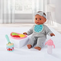 My Sweet Baby – Ensemble Repas avec Poupée Bébé 14 pouces, Tenue Grise, 12 Pièces