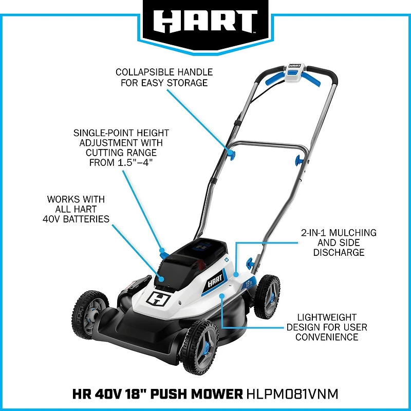 HART Ensemble de tondeuse à pousser sans fil 40 V de 18 po, (1) bloc-pile au lithium-ion de 6 Ah, (1) chargeur de bloc-pile