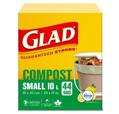 Sacs certifiés compostables de Glad, boîte de 44 petits sacs de compostage de 10 L au parfum de citron
