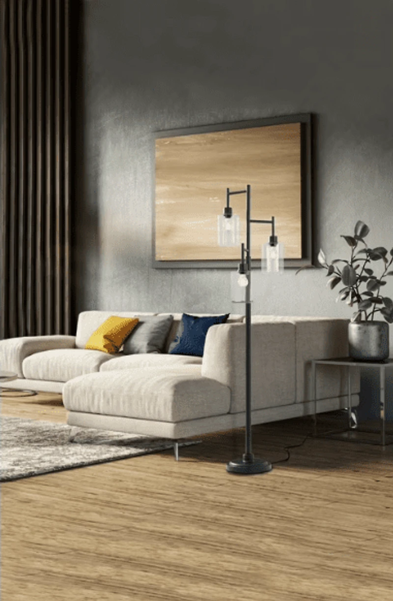 Better Homes & Gardens Lampadaire contemporain noir à 3 lumières et verre transparent – ​​63,5 po