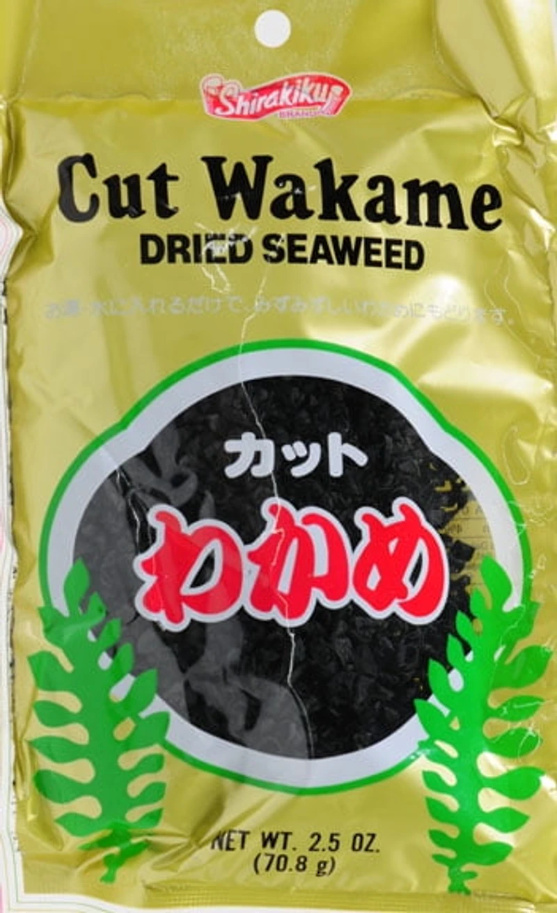 SK) CUT WAKAME, Shirakiku Cut Dried Seaweed (Cut Wakane) in 2.5oz (70g) bag. Made in China