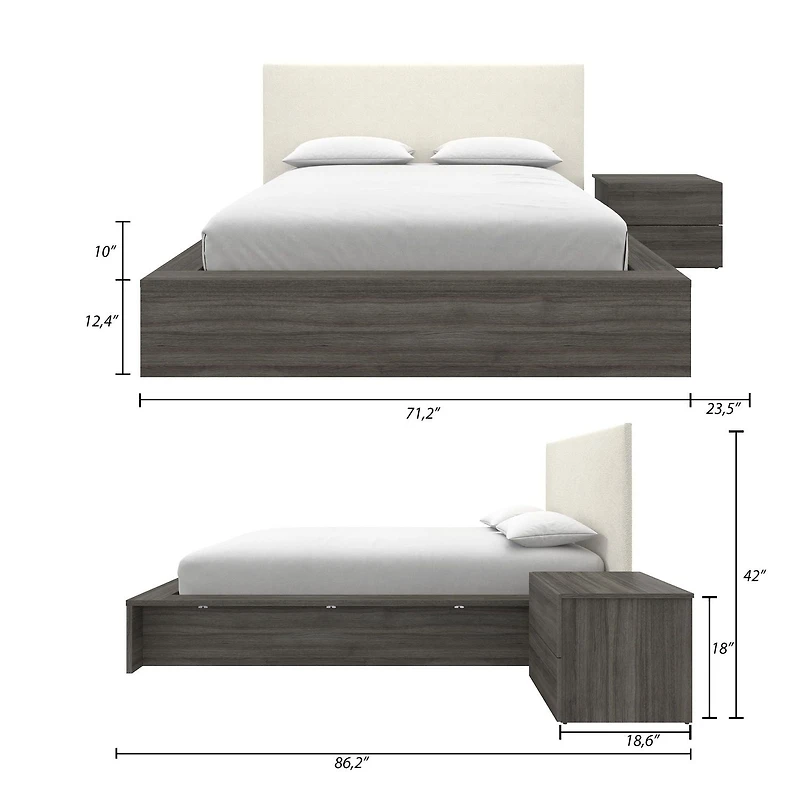 Ensemble de chambre à coucher Jane 3 pièces avec lit queen size, tête de lit rembourrée et table de chevet