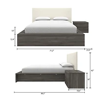 Ensemble de chambre à coucher Jane 3 pièces avec lit queen size, tête de lit rembourrée et table de chevet