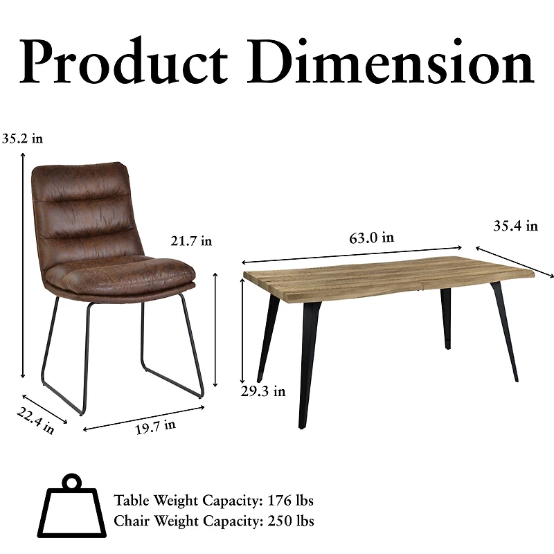 Homy Casa 63 inch Industrial Dining Set for 4, Faux Walnut Wood Table Brown Faux Leather Chairs