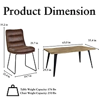 Homy Casa 63 inch Industrial Dining Set for 4, Faux Walnut Wood Table Brown Faux Leather Chairs