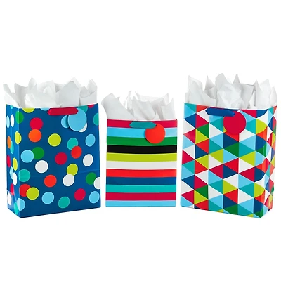 Hallmark 13" Large and 15" Extra Large Gift Bags Assortment with Tissue Paper - Pack of 3 for Birthdays, Father's Day, Graduations or Any Occasion (Celebrate, Stripes, Dots)