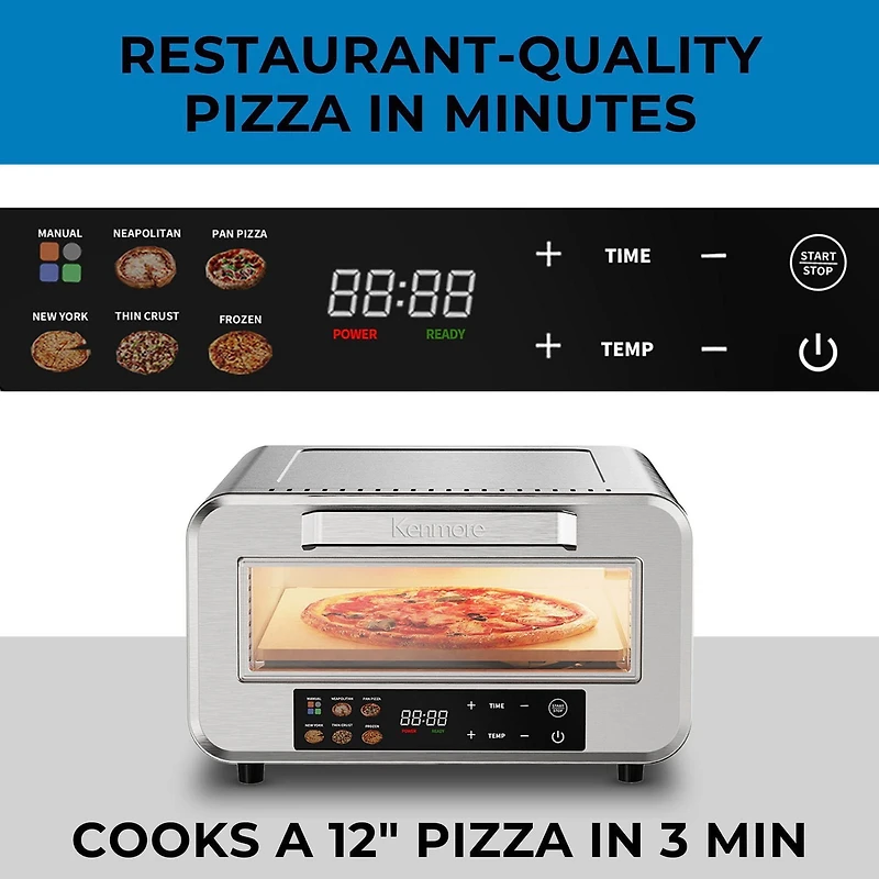 Kenmore Four à Pizza Électrique 12", Intérieur, 5 Programmes Tactiles, Acier Inoxydable, Pelle et Pierre à Pizza, 750°F, Four de Comptoir