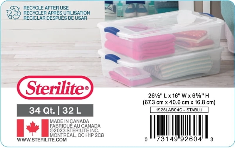 Sterilite 32 Liter Latch Box, Clear Plastic Storage Bin with Lid, Blue Latch