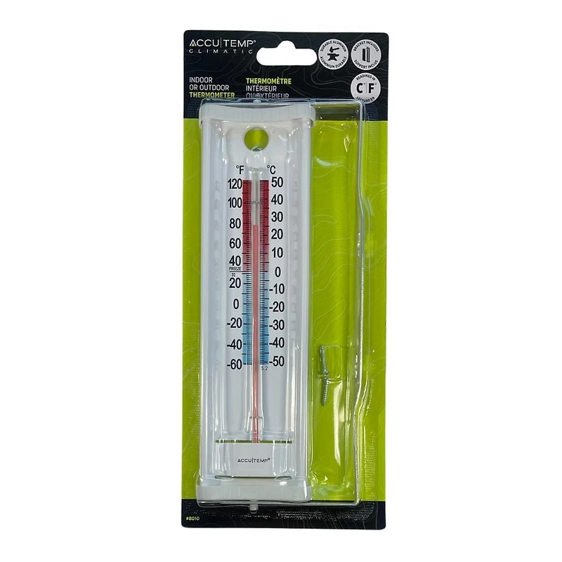 Accutemp Indoor or Outdoor Thermometer, Bracket Included, Temperature Readings in Celsius  °C and Fahrenheit and °F, White