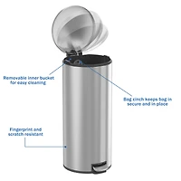 Poubelle de cuisine Better Homes & Gardens, 30 litres, en acier inoxydable, ronde, à pédale, avec couvercle à fermeture douce, argentée