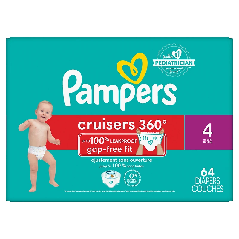 Pampers Diapers - Cruisers 360° - Size 4, up to 100% Leakproof Fit, Designed for Active Babies, Pull On Diaper, EZ Off Tabs Designed for Easy Changes, 64 Count