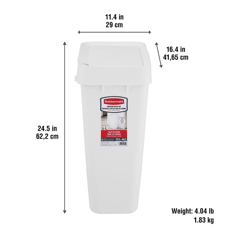 Poubelle de cuisine Rubbermaid de 46 litres à couvercle tactile, conteneur blanc 12,2 gallons