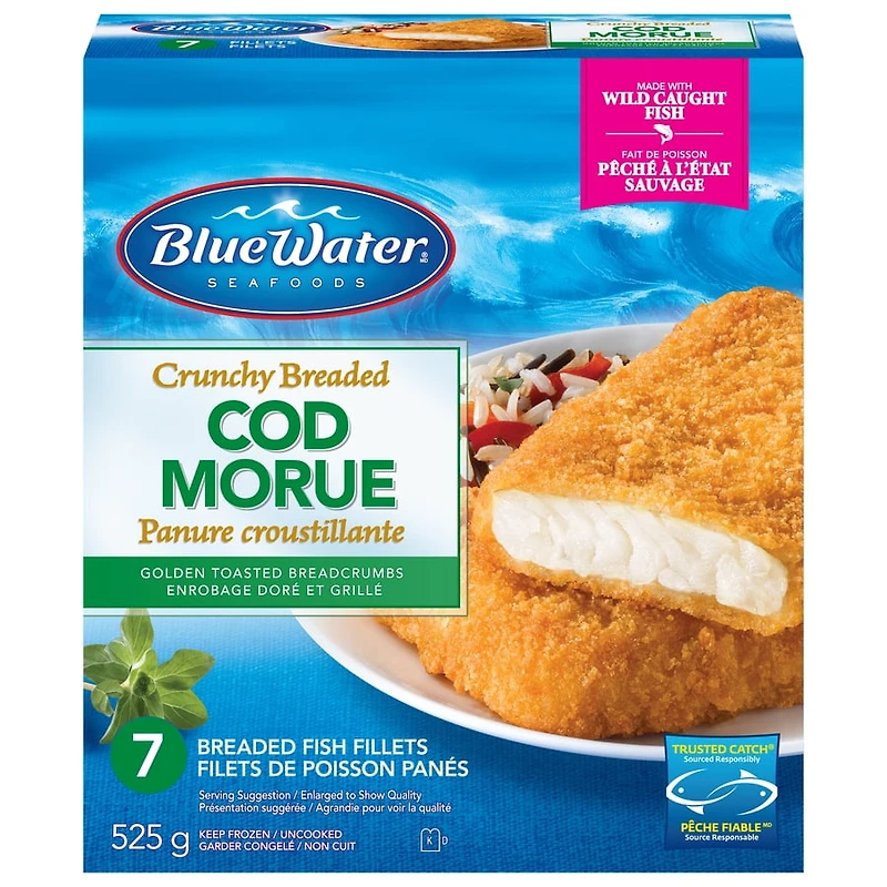 Filets de poisson croustillants BlueWater Seafoods, Morue sauvage avec chapelure Panko croustillante, Congelé, 7 morceaux, 525 g Filets de morue sauvage panés
