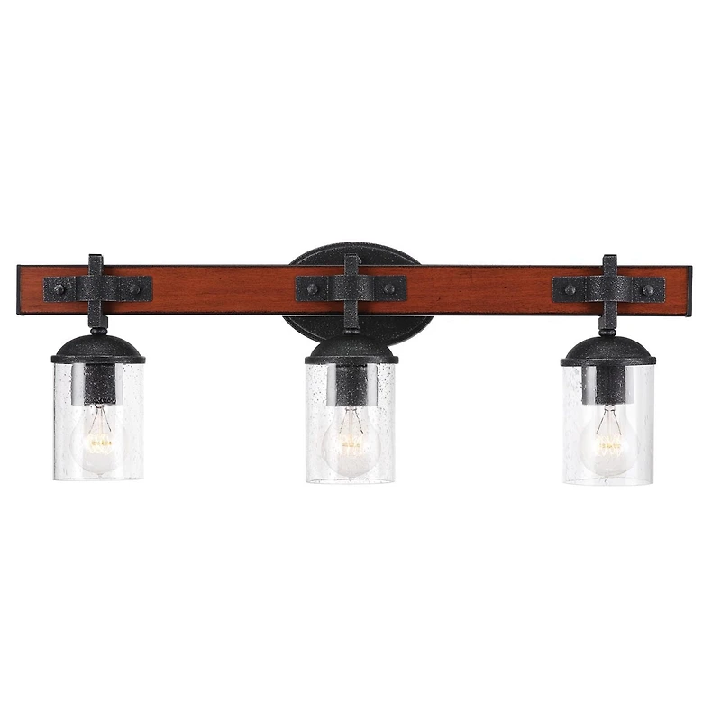 Globe Electric Kingston 3-Light Vanity Light, Dark Faux Wood, Galvanized Metal Accents, Clear Seeded Glass Shade, 51854