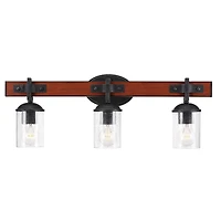 Globe Electric Kingston 3-Light Vanity Light, Dark Faux Wood, Galvanized Metal Accents, Clear Seeded Glass Shade, 51854
