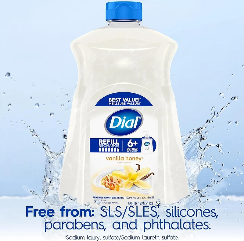 Dial Savon à Mains Liquide, Parfum Miel Vanille, 1.53 Litres, Testé par des Dermatologues, pH Équilibré, Sans Silicones, Parabènes, Phtalates, SLES/SLS