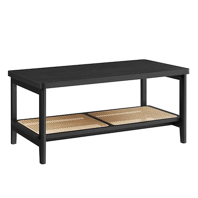 SONGMICS HOME Boho Style 2-Tier Coffee Table for Living Room – Rectangular Center Table with PVC Rattan Shelf, Rounded Corners, Easy to Assemble, Ash Black