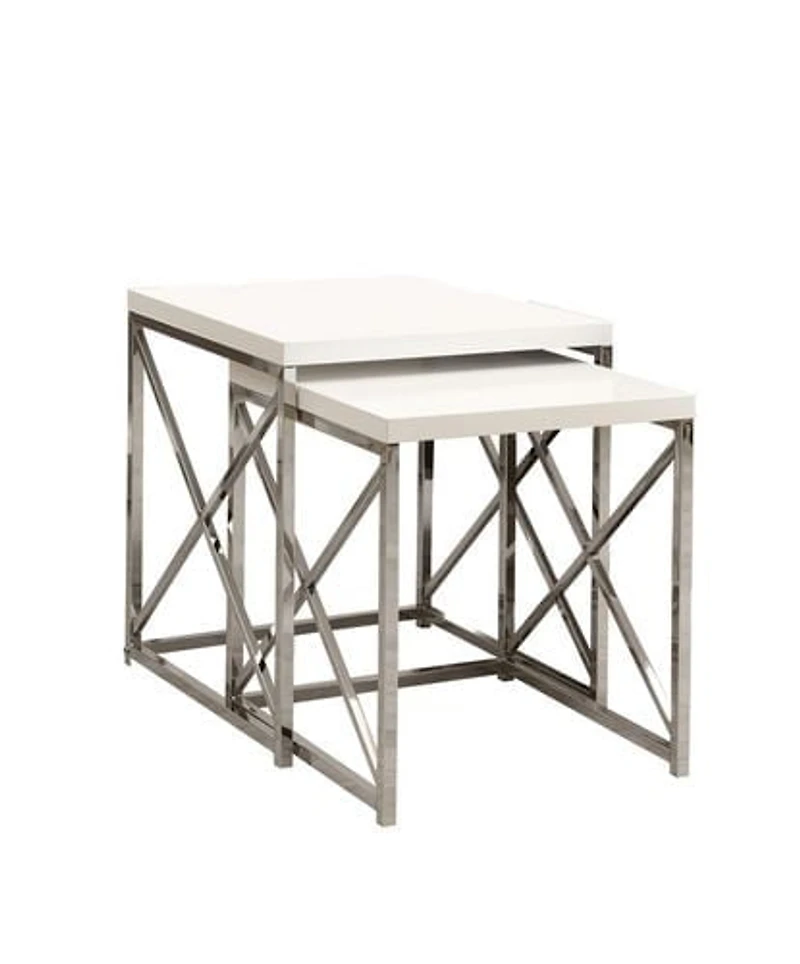 Monarch Specialties Tables Gigognes, Lot De 2, Côté, Bout, Métal, Accent, Salon, Chambre À Coucher, Métal, Stratifié, Blanc Lustré, Chrome, Contemporain, Moderne