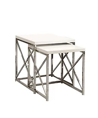 Monarch Specialties Tables Gigognes, Lot De 2, Côté, Bout, Métal, Accent, Salon, Chambre À Coucher, Métal, Stratifié, Blanc Lustré, Chrome, Contemporain, Moderne