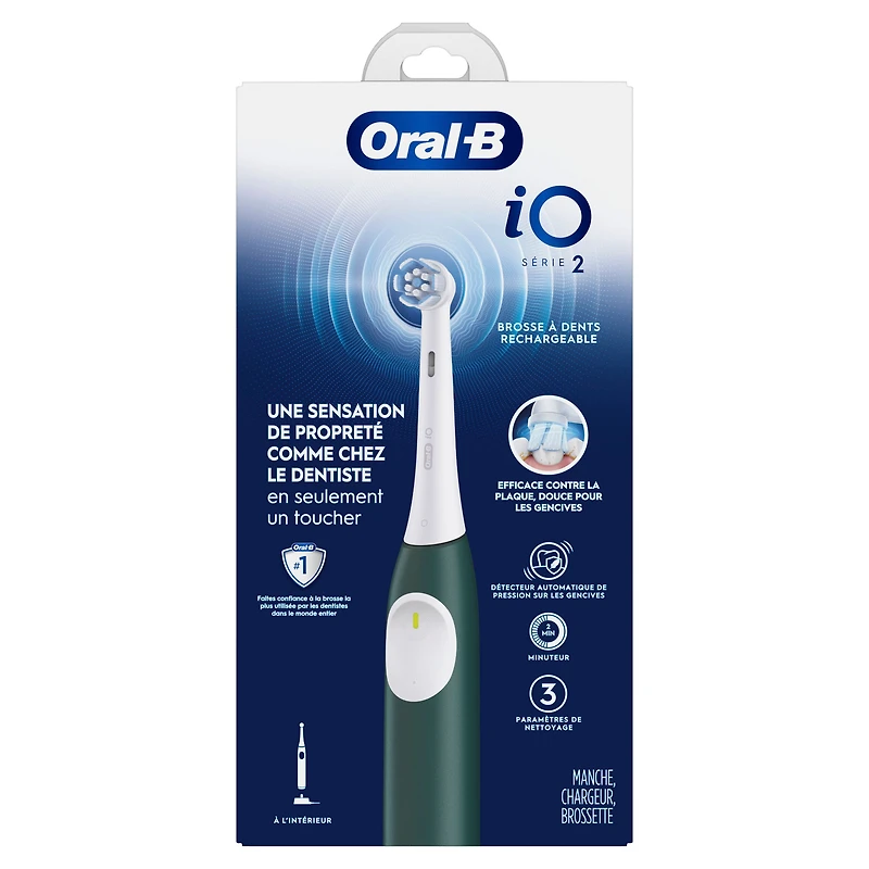 Brosse à dents électrique rechargeable Oral-B iO Série 2, vert forêt avec 1 brossette soins doux – Capteur automatique de pression pour protéger les gencives – 3 modes –