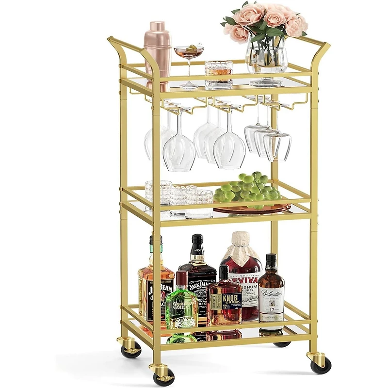 Boutique Home Tempered Glass Gold Bar Serving Cart