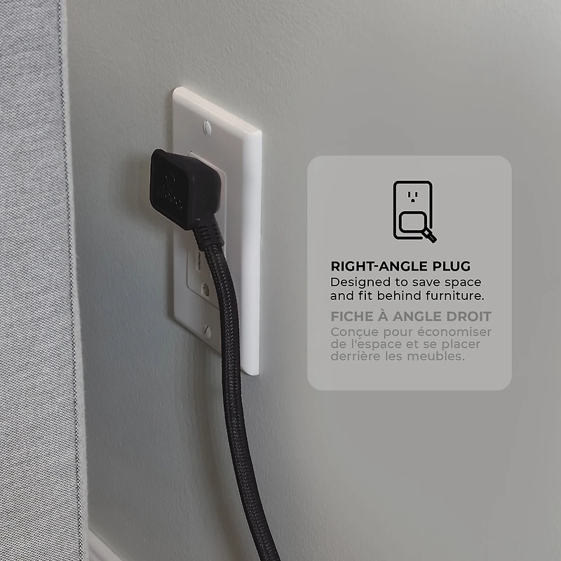 Rallonge électrique en tissu noir de 3,7 m (12 pi) et de calibre 16/3 à 3 prises avec fiche coudée et crochet intégré de Globe Electric