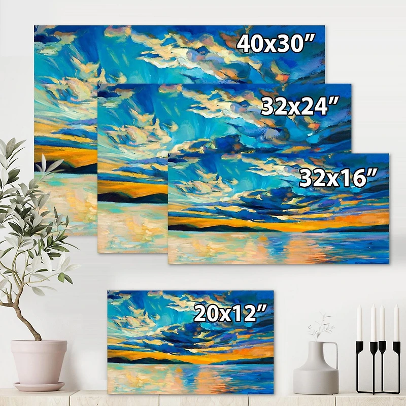 Designart Nuageux grand ouvert coucher de soleil sur l'horizon de l'océan Art mural sur toile