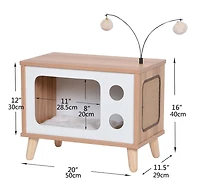 Vibrant Life Modern Laminated Wood Cat Condo with Sisal Scratching Pad, Beige, 16 Inch Vintage T.V. Style Wooden Condo with Toys & Scratcher