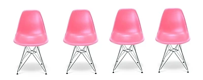 Ensemble de 4 chaises Eiffel pour adultes de couleur rose vif avec pieds chromés