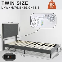 Homy Casa Twin Upholstered Bed with LED Light, USB Ports and Padded Headboard for Kids Bedroom, Grey
