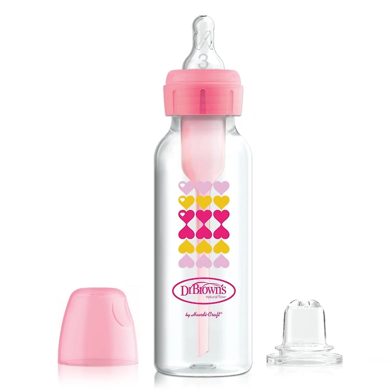 Dr. Brown’s Natural Flow Anti-Colic Options+ Narrow Sippy Bottle Starter Kit, 8oz/250mL, with Level 3 Medium-Fast Flow Nipple and 100% Silicone Soft Sippy Spout, 6m+, Pink