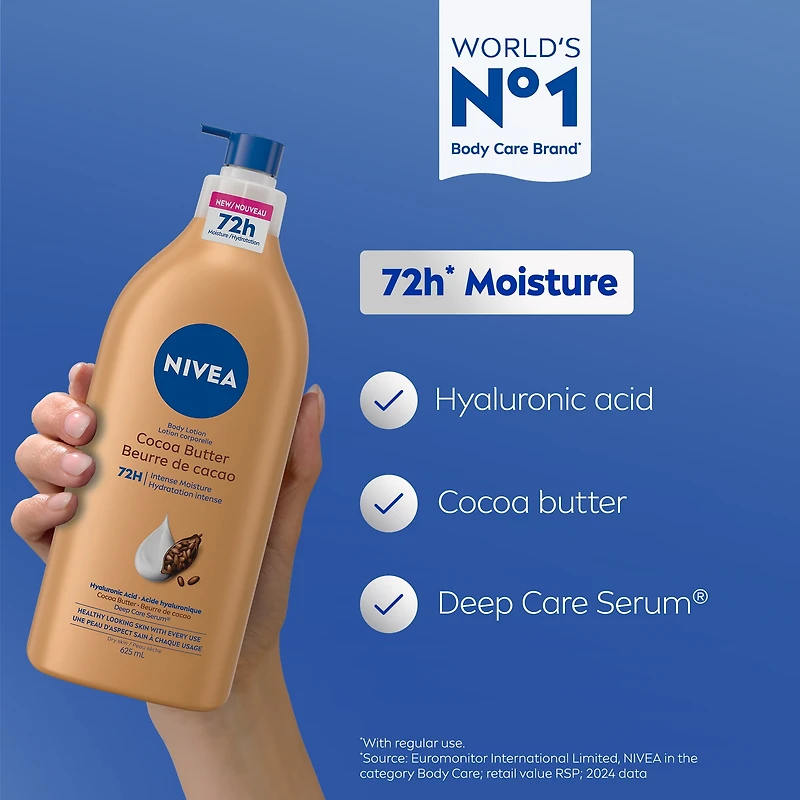 NIVEA Cocoa Butter 72-Hr Moisture Body Lotion for Dry Skin with Hyaluronic Acid, 625 mL, 625 mL