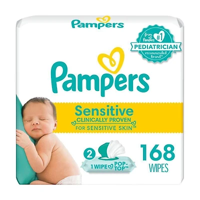 Pampers Lingettes pour Bébés Sensibles Sans Parfum, 2 Paquets à Couvercle Rabattable (168 Lingettes au Total)