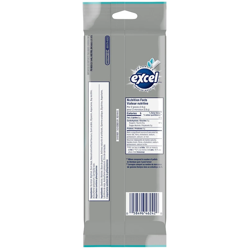 EXCEL, Menthe polaire, gomme à mâcher sans sucre, 18 morceaux, 3 emb. Emballages de 3, 18 morceaux