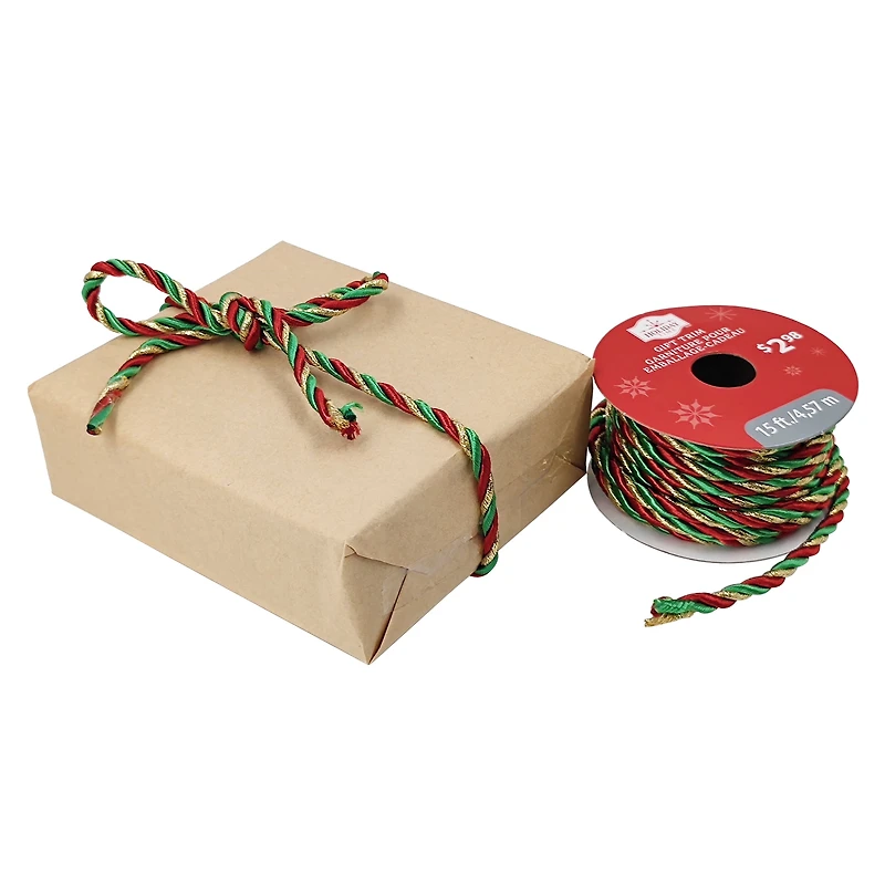 Holiday Time Christmas Red/Green/Gold Twisted Cord Gift Trim, 15 ft