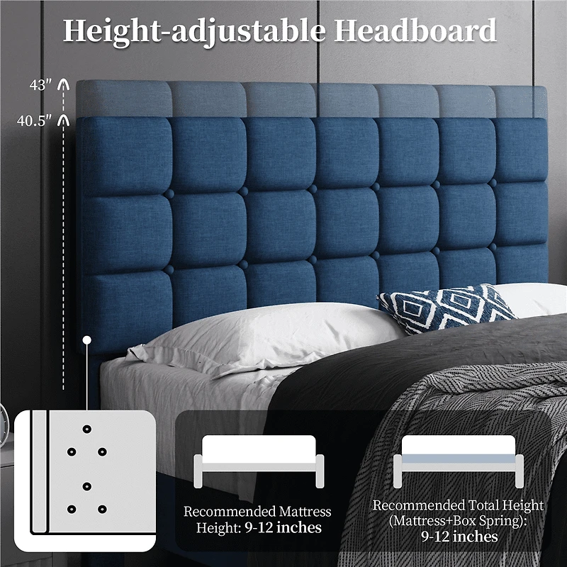 Fullfurnique Upholstered Platform Bed Frame with Square Tufted Headboard, Full, Navy Blue