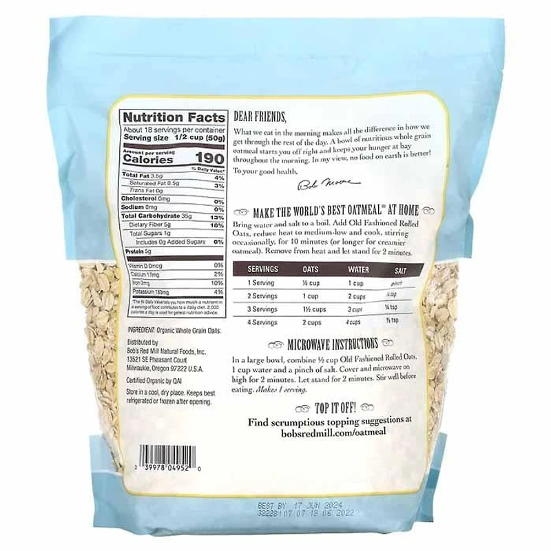 Bob’s Red Mill Oats Rolled Old Fashioned Organic, 907 GR