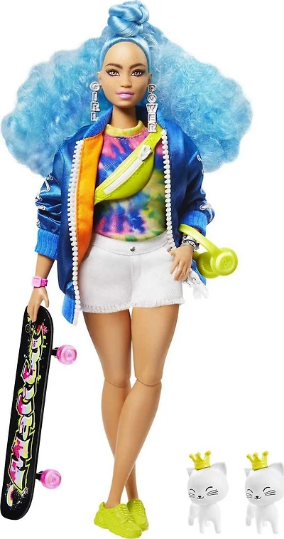 Barbie Extra Doll #4, Curvy, in Zippered Bomber Jacket with 2 Pet Kittens, Extra-Curly Blue Hair, Layered Outfit & Accessories Including Skateboard, Multiple Flexible Joints, Gift for Kids 3 Years Old
