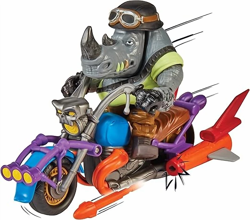 Teenage Mutant Ninja Turtles Mutant Mayhem Chopper Cycle avec véhicule Rocksteady et figurine articulée.