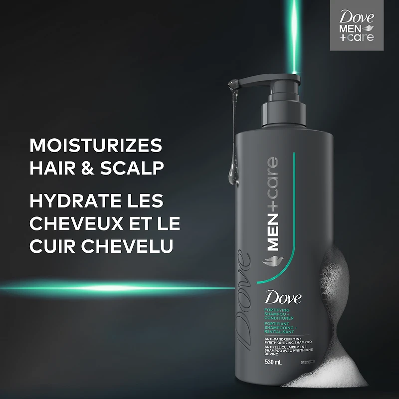 Dove Men+Care Shampooing + Revitalisant 2 en 1 Antipelliculaire Fortifiant, pour un Nettoyage et une Revitalisation Efficaces, avec Pyrithione de Zinc & Menthol