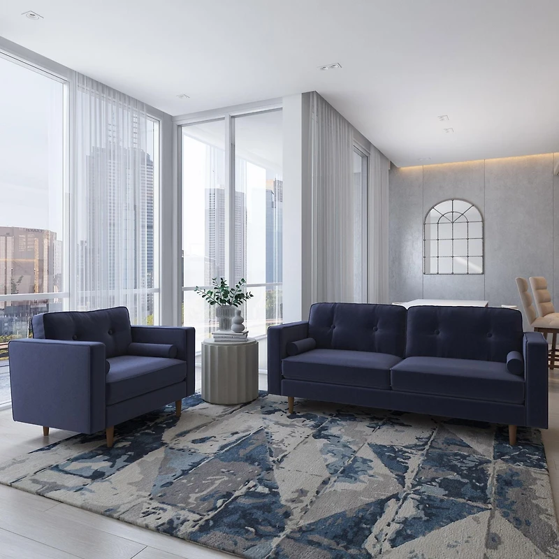 CorLiving Mulberry 2-Piece Mid-Century Modern Fabric Upholstered Living Room Set with Sofa and Chair, Navy Blue