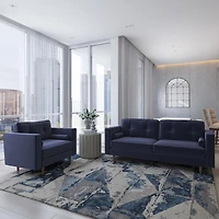 CorLiving Mulberry 2-Piece Mid-Century Modern Fabric Upholstered Living Room Set with Sofa and Chair, Navy Blue